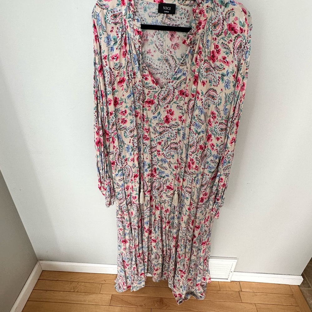 Vici Red and Pink Floral Long Sleeve Sundress